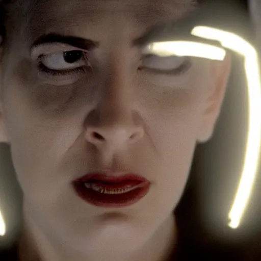 Prompt: movie still of a cyborg, facial expression, cinematic composition, cinematic light, surreal cinema, by david lynch,