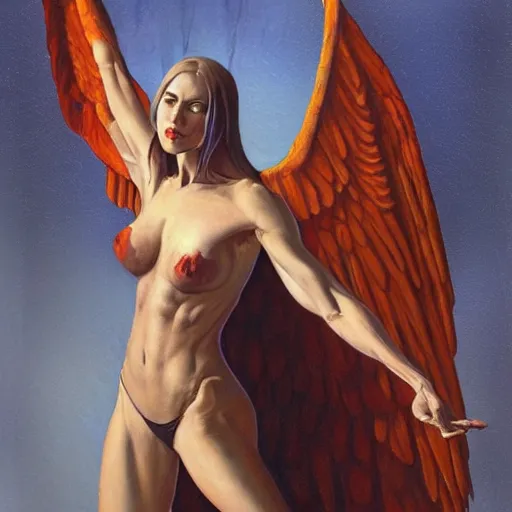 Image similar to portrait of a woman with long, muscular legs, short torso, and wings, by Gerald Brom