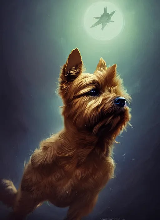 Prompt: norwich terrier as an superhero, backround dark, highly detailed, digital illustration, trending in artstation, modern painting, smooth, sharp focus, intricate, by peter mohrbacher