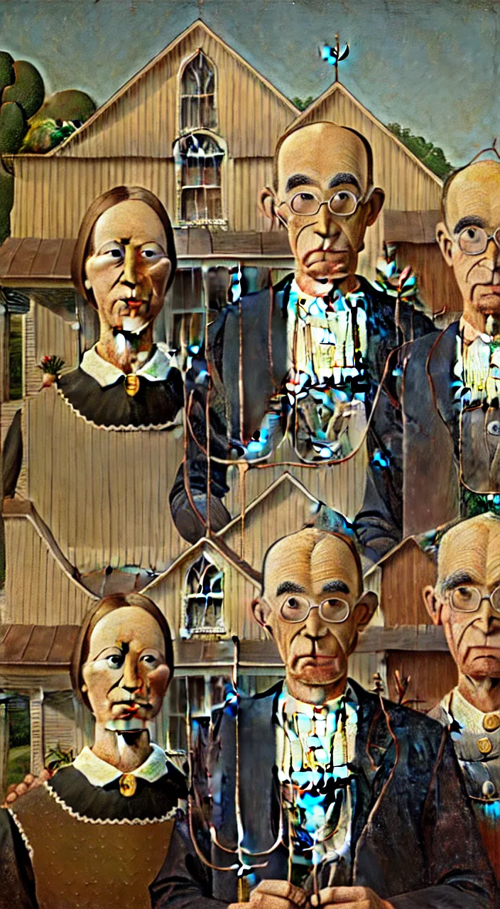 Prompt: oil on beaverboard, by grant wood in the style of american gothic, farmers wearing ffp 2 masks