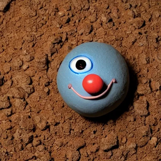 Image similar to photo of a small round creature made of dirt with round blue eyes and a round clown nose and a cute smile