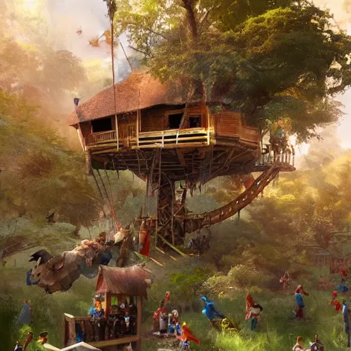 Image similar to The battle for the treehouse, small group of kids trying to take a treehouse from another small group of kids, artwork by Craig Mullins,Movie poster, detailed, trending on artstation, isometric