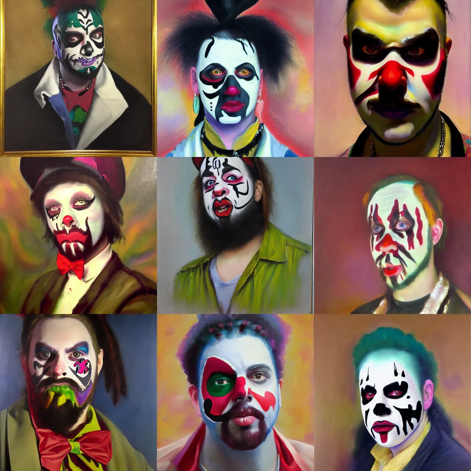 Prompt: portrait of a funky fresh juggalo, hyperrealistic, in the style of john singer sargent, oil painting