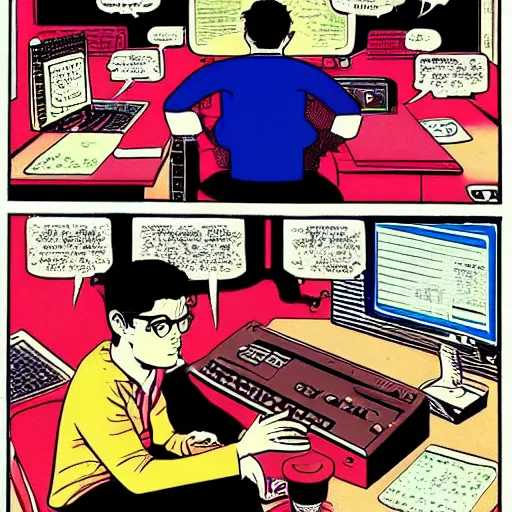 Prompt: a computer nerd guy sitting in front of a computer screen in a dark room, in the style of archie comics (1963), artstation, HQ scan, by geof darrow and moebius, geof darrow art, moebius art, hacker vibe, matrix vibe,