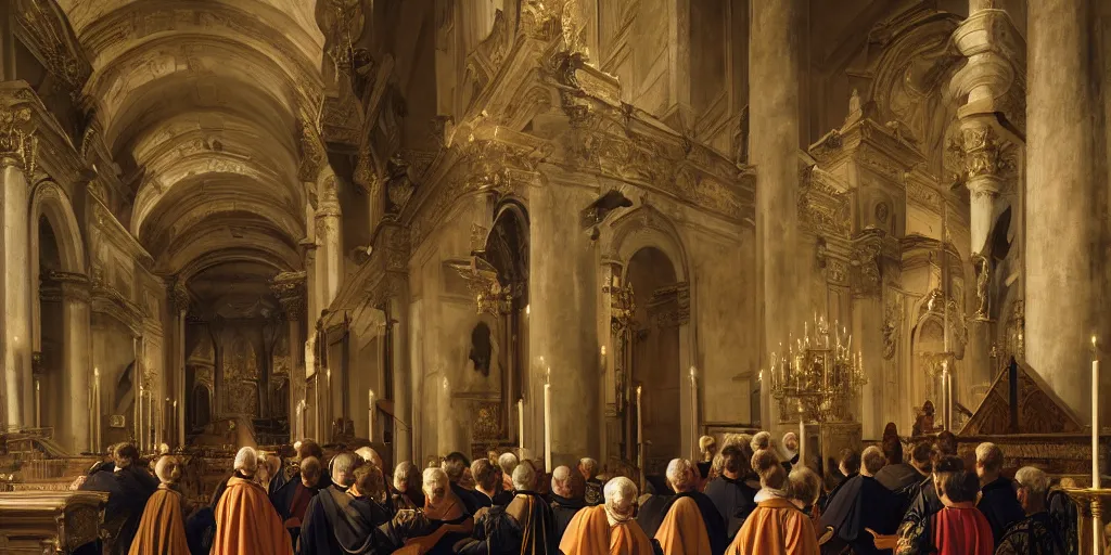 Image similar to beautiful oil matte portrait painting, priests holding a church ceremony inside a baroque cathedral, wonderful masterpiece highly detailed, beautiful cinematic light deep focus, elegant, digital painting, smooth, sharp focus, golden ratio, dramatic illumination, ultra realistic, 8 k, art by giovanni bellini and caravaggio