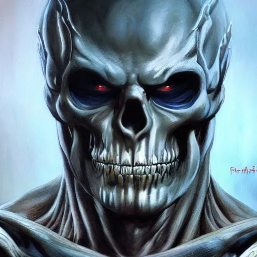 Image similar to ultra realistic portrait painting of skeletor as wolverine, art by frank frazetta, 4 k, ultra realistic, highly detailed, epic lighting