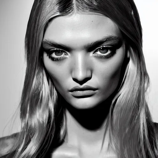 Prompt: A beautiful portrait of Lily Donaldson as a model at Versace fashion show Spring/Summer 2009, highly detailed, in the style of cinematic, fashionweek backstage,makeup by Pat Mcgrath, Shot by Terry Richardson