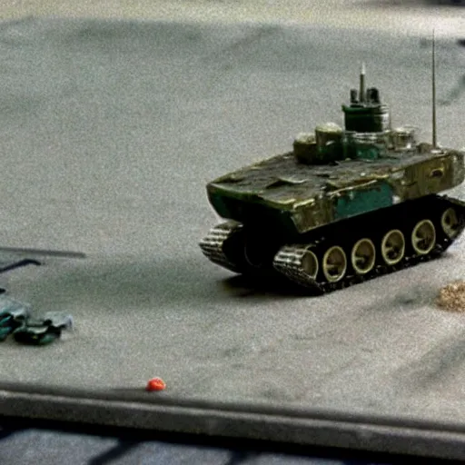 Image similar to a walking nuclear equipped tank, 1 9 8 7, stop - motion, movie still