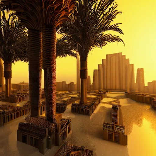 Image similar to gardens of Babylon made of gold towers, architecture, realistic, epic scale, mountains, palm trees, dramatic lighting, 8k, post processing, trending on artstation, environment highly detailed