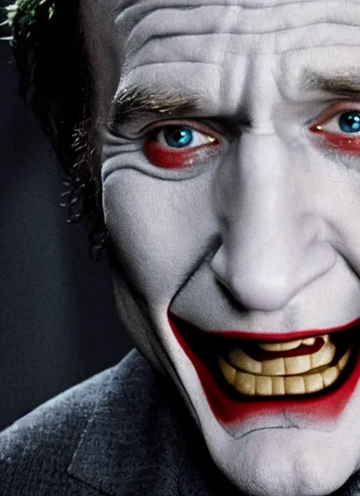 Prompt: film still of Robin Williams as The Joker in The Dark Knight, 4k