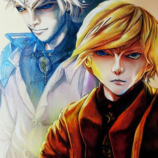 Prompt: an epic fantasy comic book style portrait painting of a young blonde boy thief in the style of yoshitaka amano