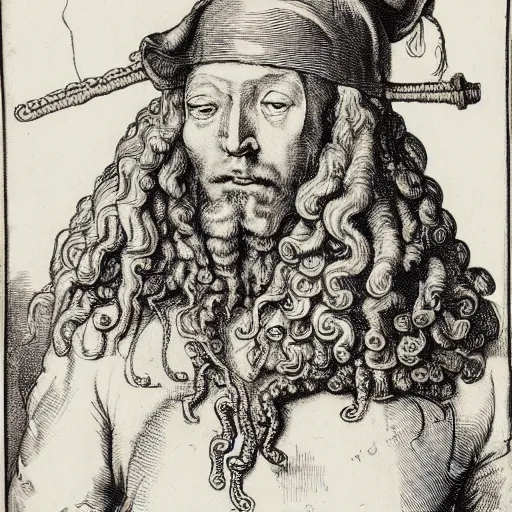 Prompt: A colonial soldier with an octopus head in the style of Albrecht Dürer, engraving, ink, black and white, 17th century