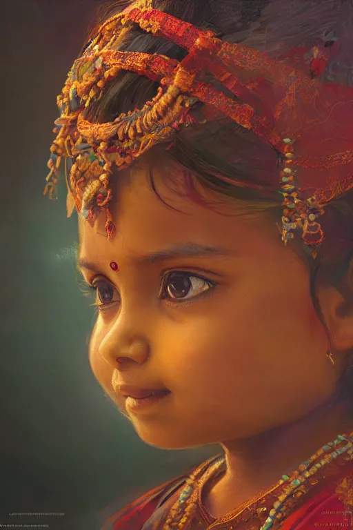 Image similar to hindu little girl, joyful, close - up portrait, intricate, elegant, volumetric lighting, scenery, digital painting, highly detailed, artstation, sharp focus, illustration, concept art, ruan jia, steve mccurry