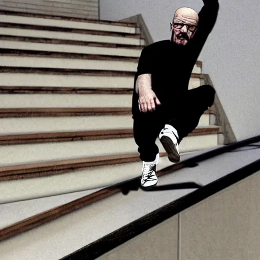 Prompt: Walter White doing a kickflip over stairs, photorealistic