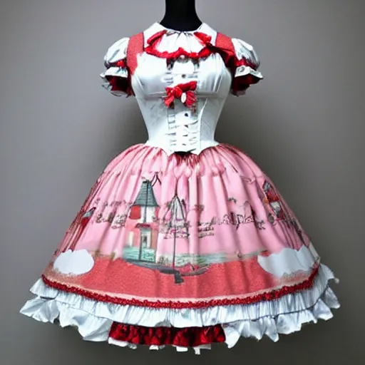 Image similar to A lolita dress with pictures of windmills on it. A beautiful lolita dress, Angelic Pretty