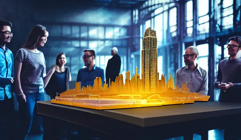 Image similar to group of people in walled warehouse, looking at hologram of futuristic city on a table, cinematic concept, godrays, golden hour, natural sunlight, 4 k, clear details, tabletop model buildings, center model buildings, hologram center, crane shot, crane shot, crane shot