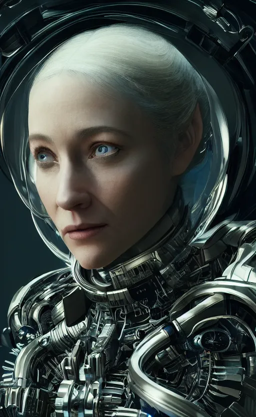 Image similar to portrait of a woman wearing a science fiction suit, technology, sci fi, beautiful detailed intricate insanely detailed octane render, 8K artistic photography, photorealistic, chiaroscuro, by Raphael, Caravaggio, directed by Denis Villeneuve