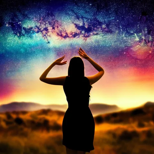 Image similar to a beautiful landscape of a starry sky with an beautiful woman waving to the horizon, cinematic, dramatic, color grading, photojournalism, colorful, highly detailed, album cover, with text vystava