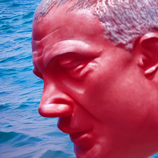 Image similar to a giant human head sculpture looking like banjamin netanyahu in the sea made out of juicy and transparent red jelly, long shot, hyper detailed, hyper realistic, ray tracing, 8 k resolution, sharp focus, realistic water, award winning