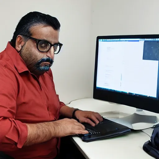 Prompt: fat Inderjit Gill sitting at a computer looking lost, photograph, high quality