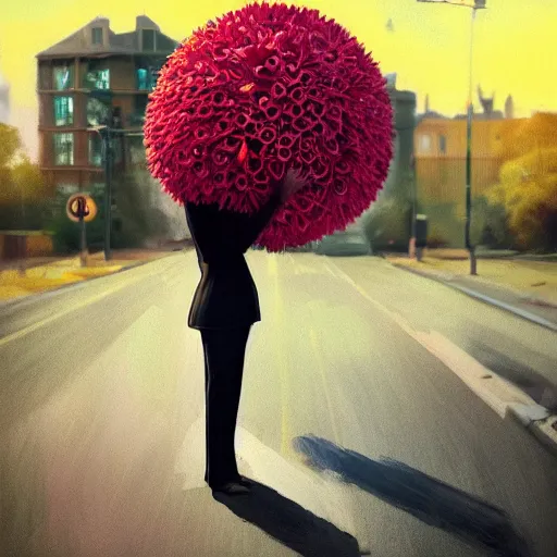 Image similar to giant daisy flower head, frontal, girl in a suit standing on street, surreal photography, sunrise, dramatic light, impressionist painting, digital painting, artstation, simon stalenhag