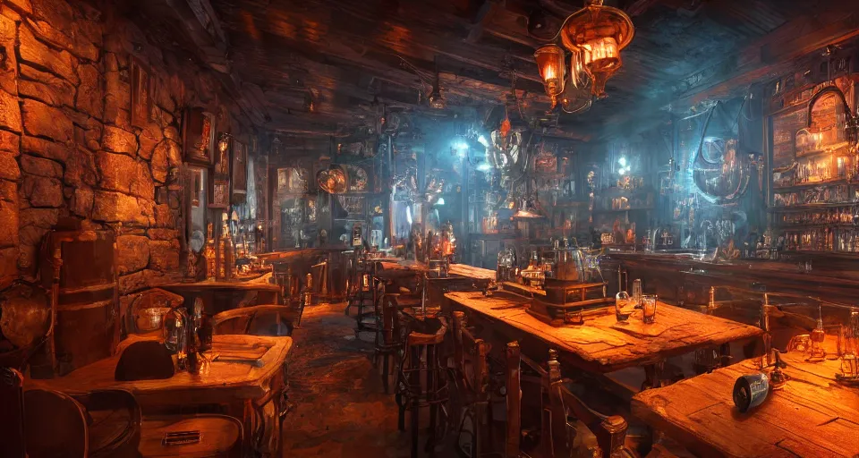 Image similar to alchemy tavern, hyperdetailed, artstation, cgsociety, golden hour 8 k, volumetric lighting, blue light
