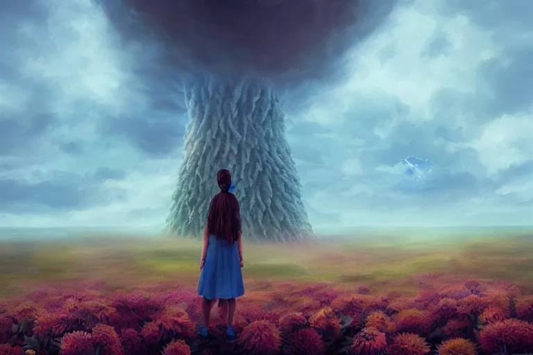 Image similar to closeup giant dahlia flower as head, girl standing on mountain, surreal photography, blue storm clouds, dramatic light, impressionist painting, digital painting, artstation, simon stalenhag