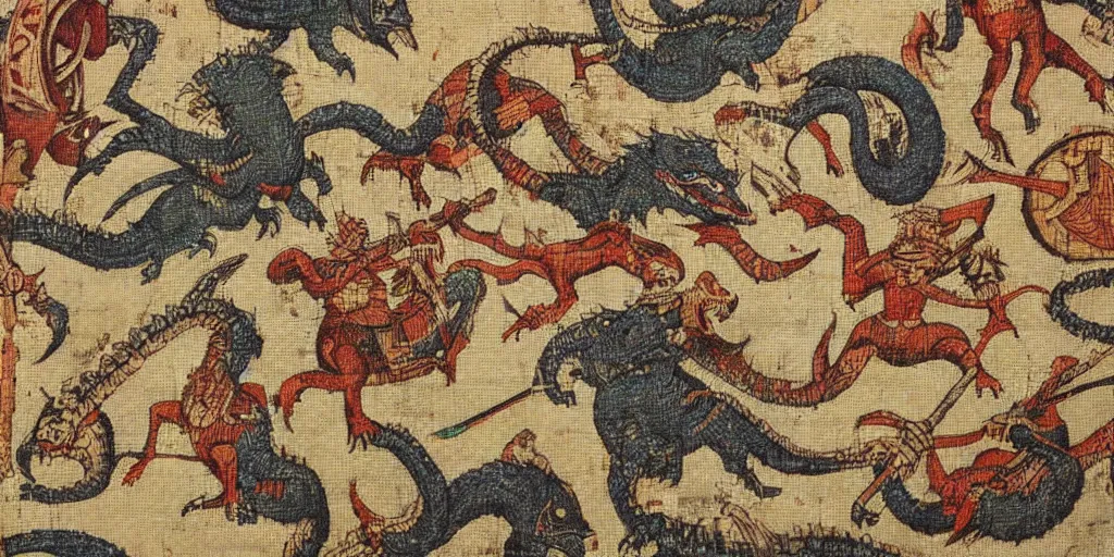 Image similar to Monster Hunter in medieval tapestry, historic