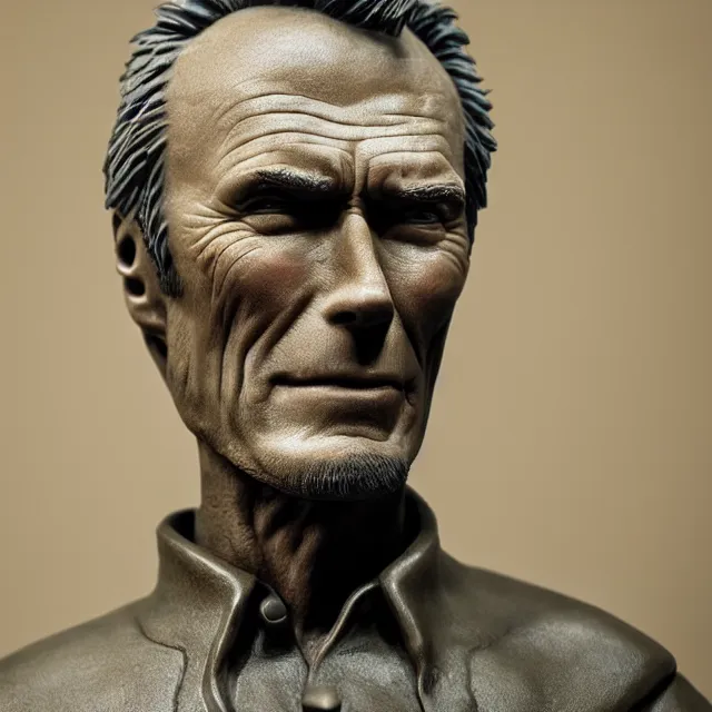 Image similar to photography of a sculpture of Clint Eastwood made of clay by Sebastian Kruger and Michelangelo, 50mm, studio atmosphere, 8K, rim light, octane render, ultra-realistic