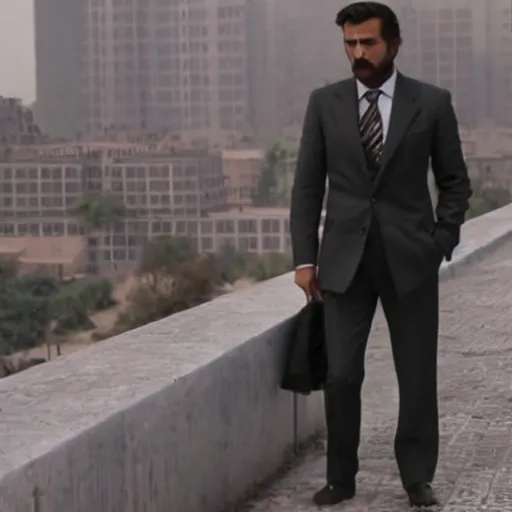 Image similar to kurdish capitalist wearing a suit, dressed smart, in a movie directed by christopher nolan, movie still frame, promotional image, imax 7 0 mm footage