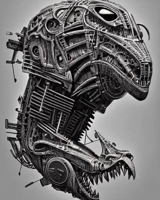 Prompt: intricate mechanical robot trex dinosaur head, transformer, symmetrical illustration, bold line symmetrical illustration by peter gric, hr giger, kim jung gi, joe fenton, scifi, screen print, trending on art station, sharp, high contrast, ultrafine hyper detailed,