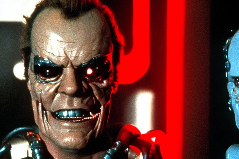 Image similar to Jack Nicholson plays Terminator, his one yes glow red, scene where his endoskeleton gets exposed, still from the film