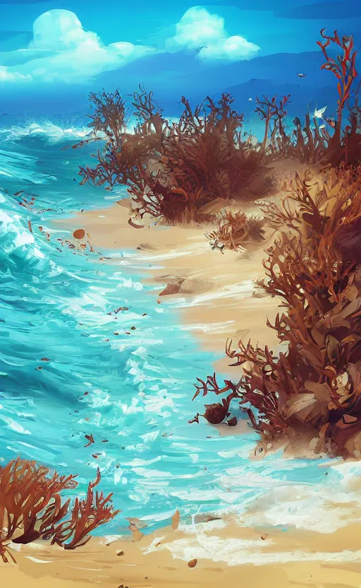 Prompt: casual game art dirty poluted beach with sargassum invasion, disguisting, artstyle with soft and hard round brush, digital art, game art, 2D art, mobile game, stylized art, peninsula