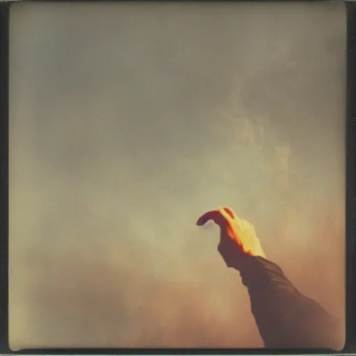 Prompt: a giant hand reaching over a foggy cliff, polaroid,