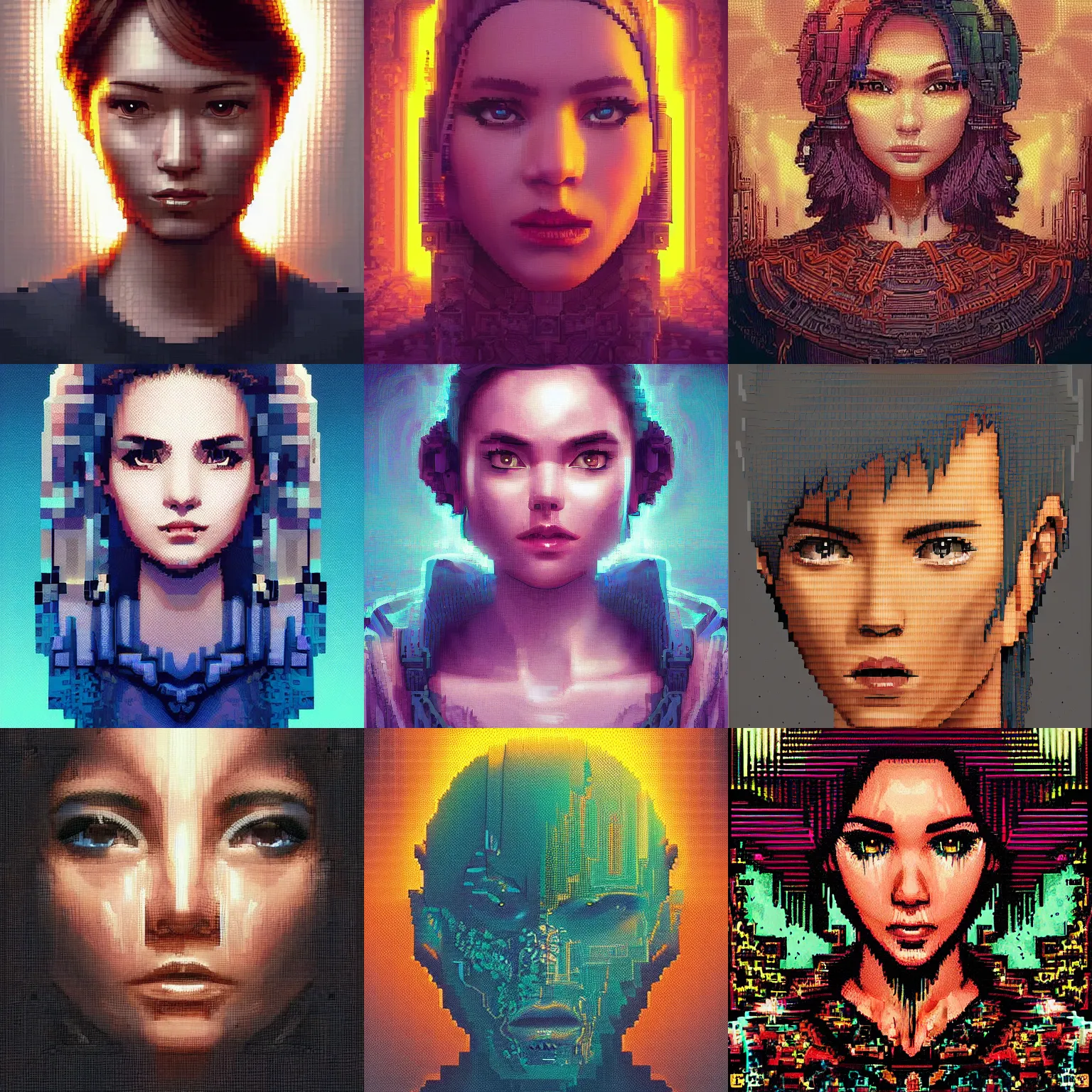 Prompt: portrait pixel art drawing, printerest, 8 - bit, intricate, epic lighting, cinematic composition, hyper realistic, 8 k resolution, unreal engine 5, by artgerm, tooth wu, dan mumford, beeple, wlop, rossdraws, james jean, andrei riabovitchev, marc simonetti, artstation