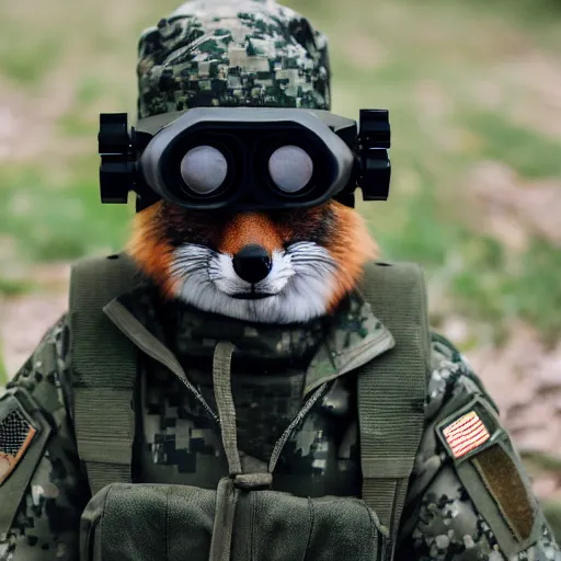 Prompt: a Fox dressed in a modern American military soldier uniform with night vision goggles, 85mm f/1.4