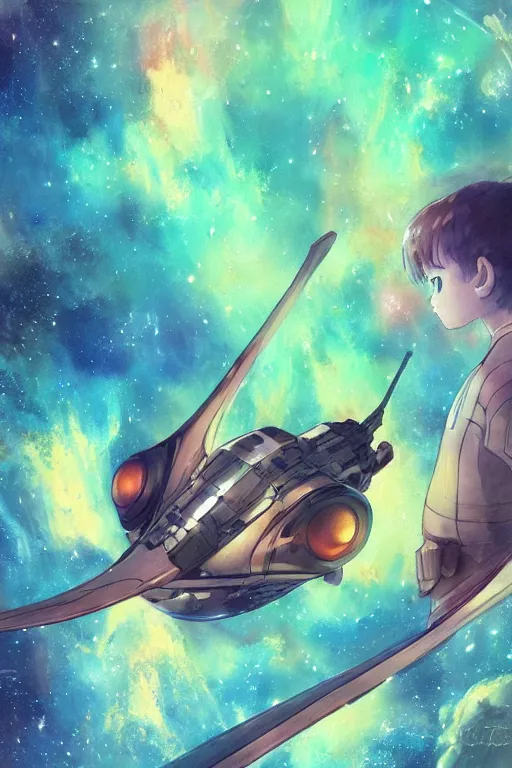 Prompt: floating on a nebula river in space, last exile, loish, yoshitoshi abe, yuya nagai, Ilya Kuvshinov, murata range, jean giraud, makoto shinkai, kawaii, sketch, beautiful, highlights, cosmic, dreamy,gradation, vibrant colors, matte print, high saturation, detailed, studio lighting, anime, manga