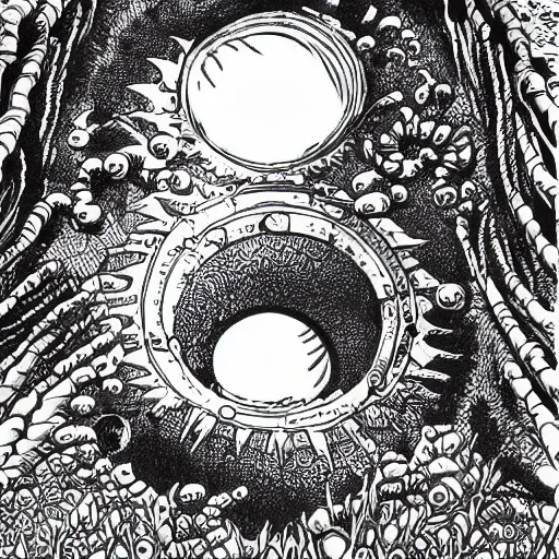 Prompt: highly detailed, intricate beautifully stunning picture of a cosmic aquarium in the middle of a keyhole portal overlooking the desert, stunning atmosphere, huge black glowing sun, black and white ink on paper, manga art, thick outlines , by Eiichiro Oda