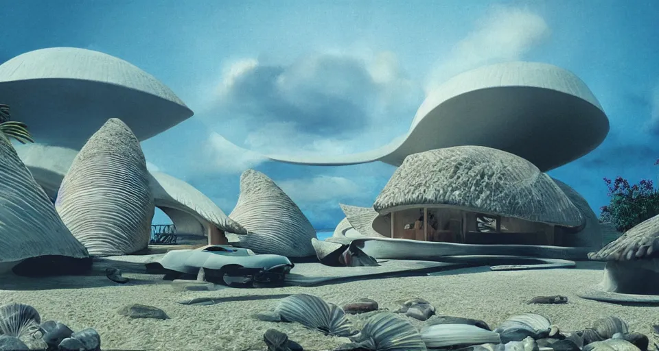 Image similar to a giant seashell house in the middle of nowhere, cinematography by syd mead, gregory crewdson