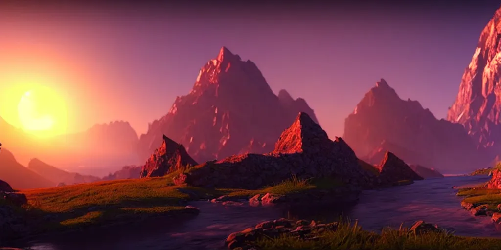 Prompt: a beautiful landscape, sun rises between two mountains, fantasy artwork by john stephans unreal engine 5, extremely detailed, hyper realism