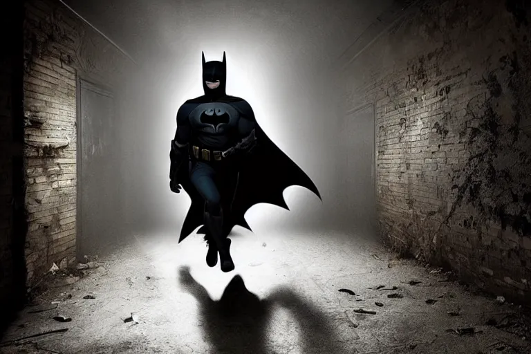 Image similar to batman wielding axe, chasing through old decrepit hallway, creepy smile, atmospheric eerie lighting, dim lighting, bodycam footage, photograph