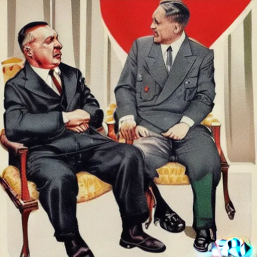 Image similar to hungarian prime minister viktor orban sits on hitler's lap, nazi germany propaganda poster art 1 9 4 4, highly detailed, colored