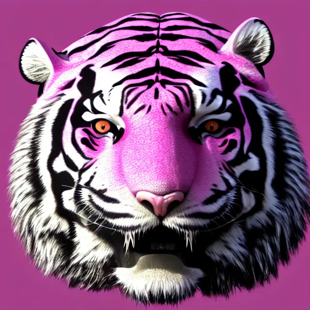 Image similar to 4 k magical realism render of a gigantic tiger head made of crystaline rose quartz, symetrical features.