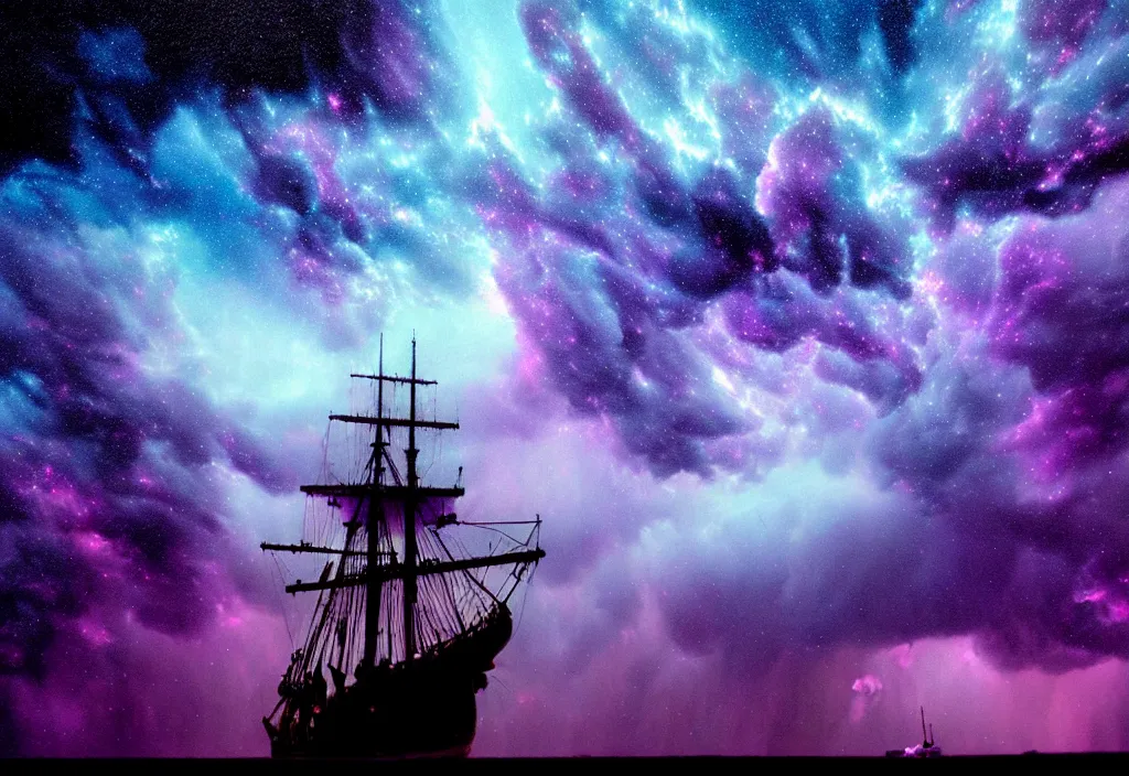 Image similar to purple color lighting storm with stormy sea close up of a pirate ship firing its cannons trippy nebula sky with dramatic clouds painting by banksy Photorealism