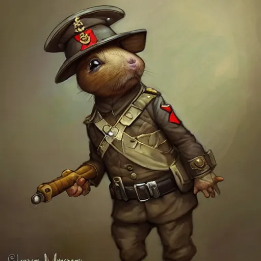 Image similar to cute little anthropomorphic Guinea Pig ww1 soldier, tiny, small, short, military outfit, cute and adorable, pretty, beautiful, DnD character art portrait, matte fantasy painting, DeviantArt Artstation, by Jason Felix by Steve Argyle by Tyler Jacobson by Peter Mohrbacher, cinema