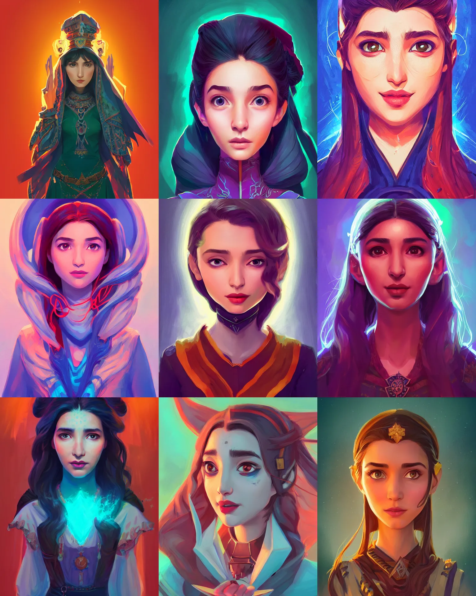 Prompt: front facing symmetrical centered painted portrait, just one head, Mahira Khan as a D&D Wizard, RPG character avatar, Blizzard concept art, pixar, dreamworks, bright vivid colours, global illumination lighting, trending on artstation, by lois van baarle, ilya kuvshinov, rossdraws