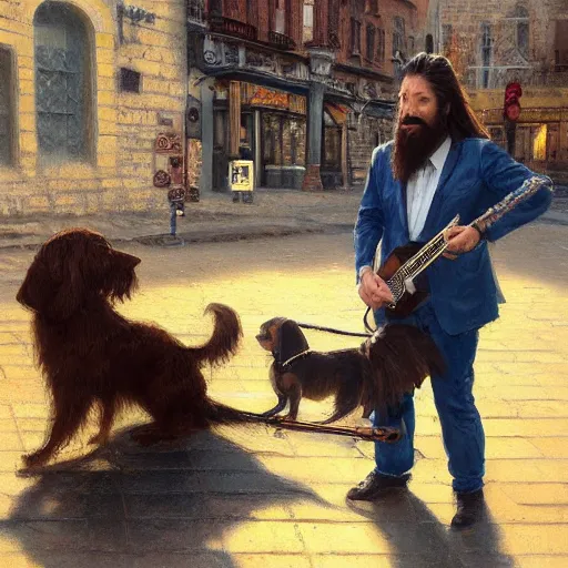 Image similar to oil painting of a man with long hair and a beard with his golden retrever dog playing guitar in the square for money people watching around, by greg rutkowski, artstation