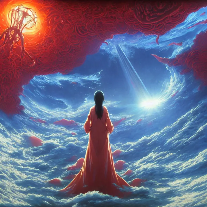 Image similar to Mayer Re-l, official anime key media, close up of Iwakura Lain, LSD Dream Emulator, paranoiascape ps1, official anime key media, painting by Vladimir Volegov, beksinski and dan mumford, giygas, technological rings, johfra bosschart, Leviathan awakening from Japan in a Radially Symmetric Alien Megastructure turbulent bismuth glitchart, Atmospheric Cinematic Environmental & Architectural Design Concept Art by Tom Bagshaw Jana Schirmer Jared Exposure to Cyannic Energy, Darksouls Concept art by Finnian Macmanus