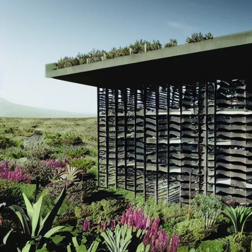 Image similar to architectural rendering of biophilia brutalism building in the desert, pool, garden