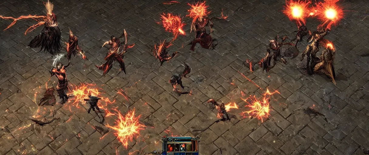 Image similar to path of exile, maven fight, resurrect in town